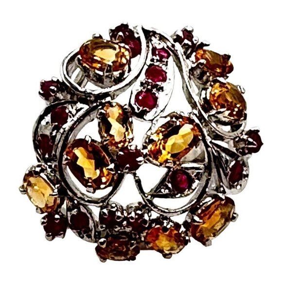 Yellow Citrine and Ruby Domed Sterling Silver Ring Size 7 - Picture 2 of 6